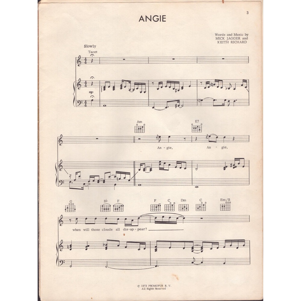 1973 Rolling Stones Angie Sheet Music Jagger Richard Goats Head Soup - Picture 3 of 3